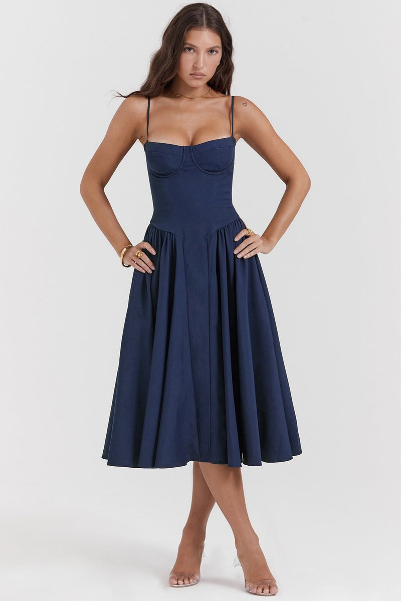 Full-length side view of the Lark maxi dress highlighting its smooth, flowing silhouette