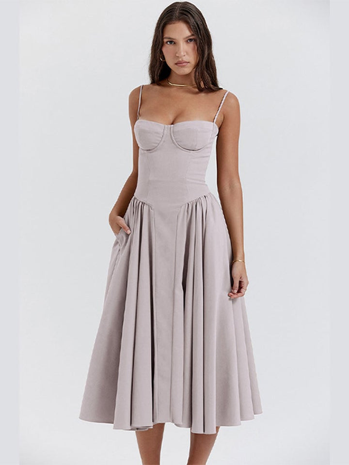 Lark maxi dress shown in multiple color options including Navy Blue, Plum Red, and Beige