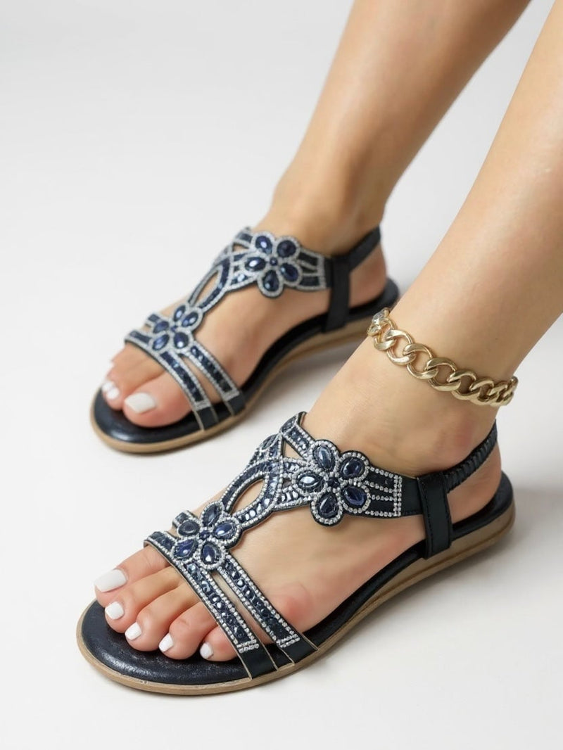 Women's Larkspur sparkle sandals in blue with shimmer embellishments on a white background