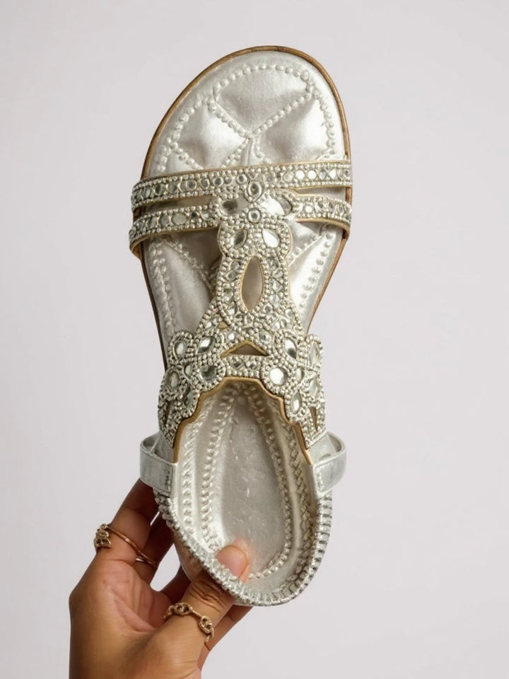 Side view of Larkspur sparkle sandals showing cushioned sole and delicate sparkle detailing