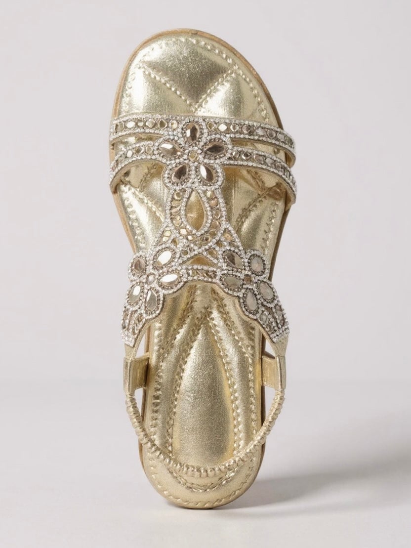 Larkspur sparkle sandals worn on feet showing fit and cushioned footbed