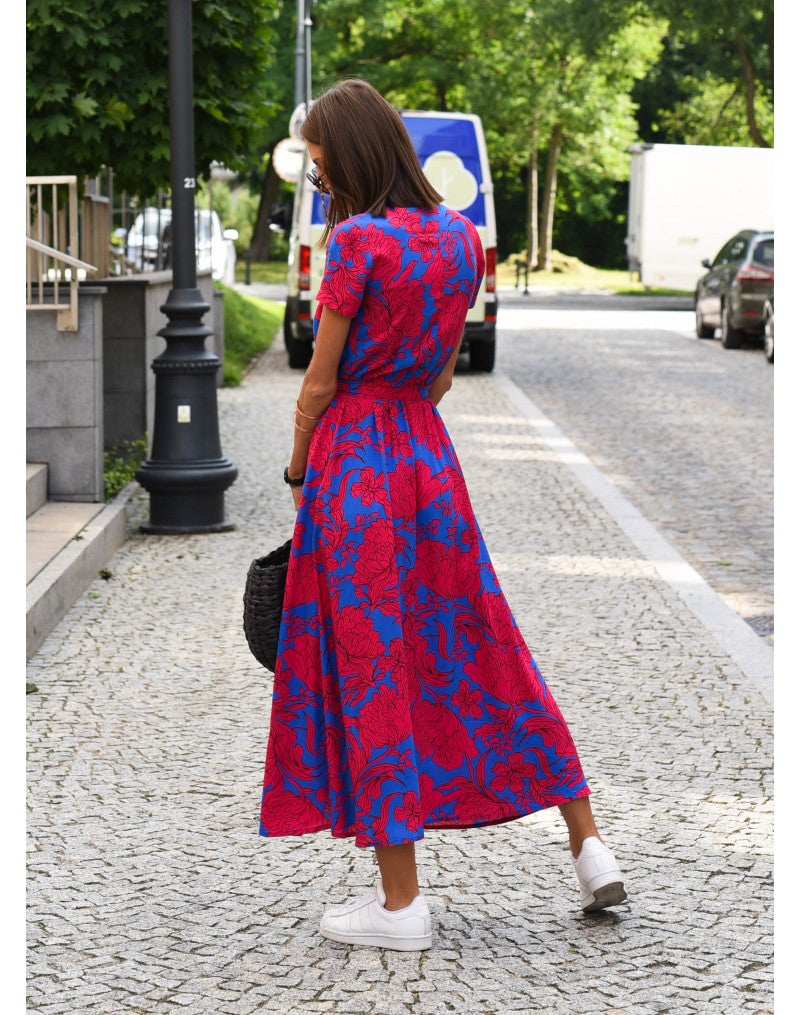 Back view of the Lauri floral dress in red, displaying the elegant silhouette and floral print detail