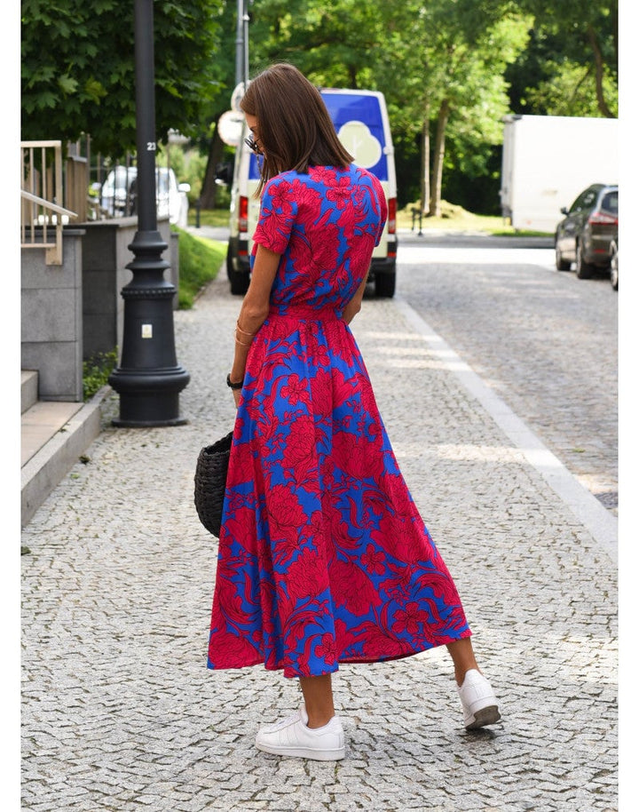 Back view of the Lauri floral dress in red, displaying the elegant silhouette and floral print detail