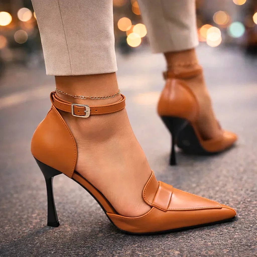 Lavinia women's ankle strap pointed toe heels in brown with buckle closure, side view