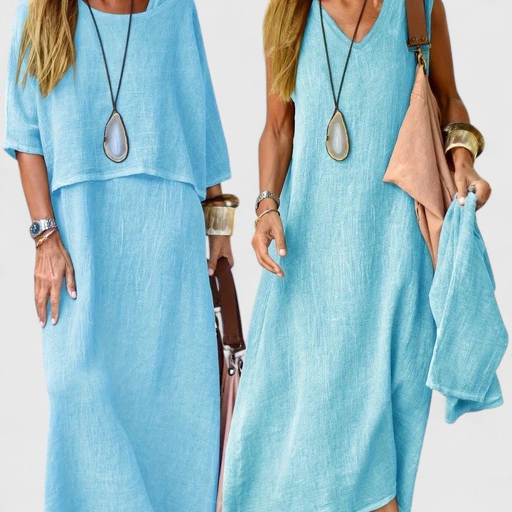 Front view of the Lea linen maxi dress and relaxed top set in blue, showing the flowing silhouette