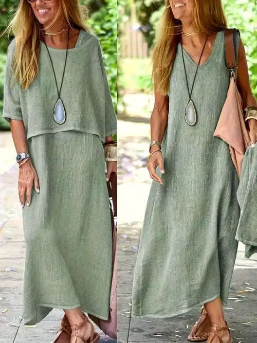 Close-up detail of the Lea linen two-piece set neckline and short-sleeve top in green