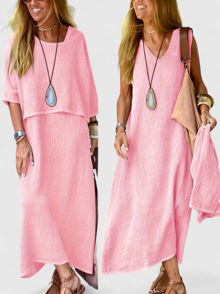 Side profile of a woman in the Lea linen two-piece set in pink, highlighting the elongating maxi length