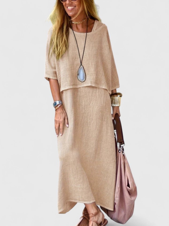 Woman styling the Lea linen short-sleeve top separately with casual bottoms