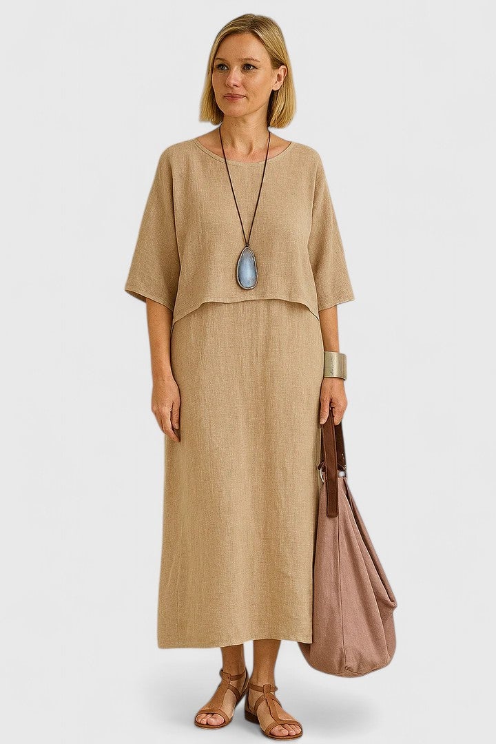 Full-length back view of the Lea linen V-neck maxi dress in khaki worn as a standalone piece