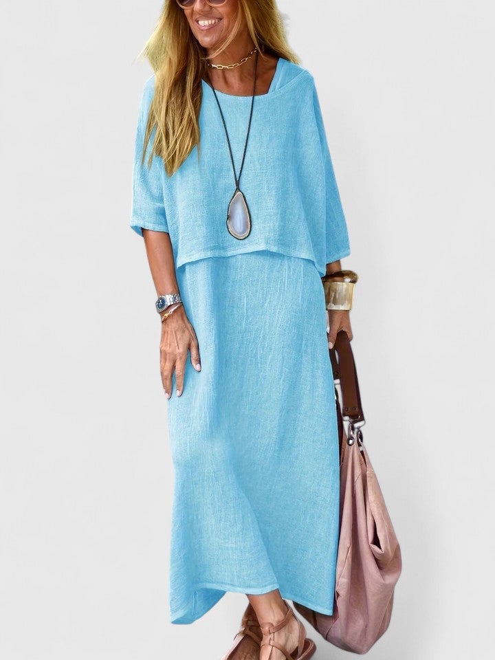 Flat lay of the Lea linen two-piece set showing both the maxi dress and short-sleeve top in all four colors