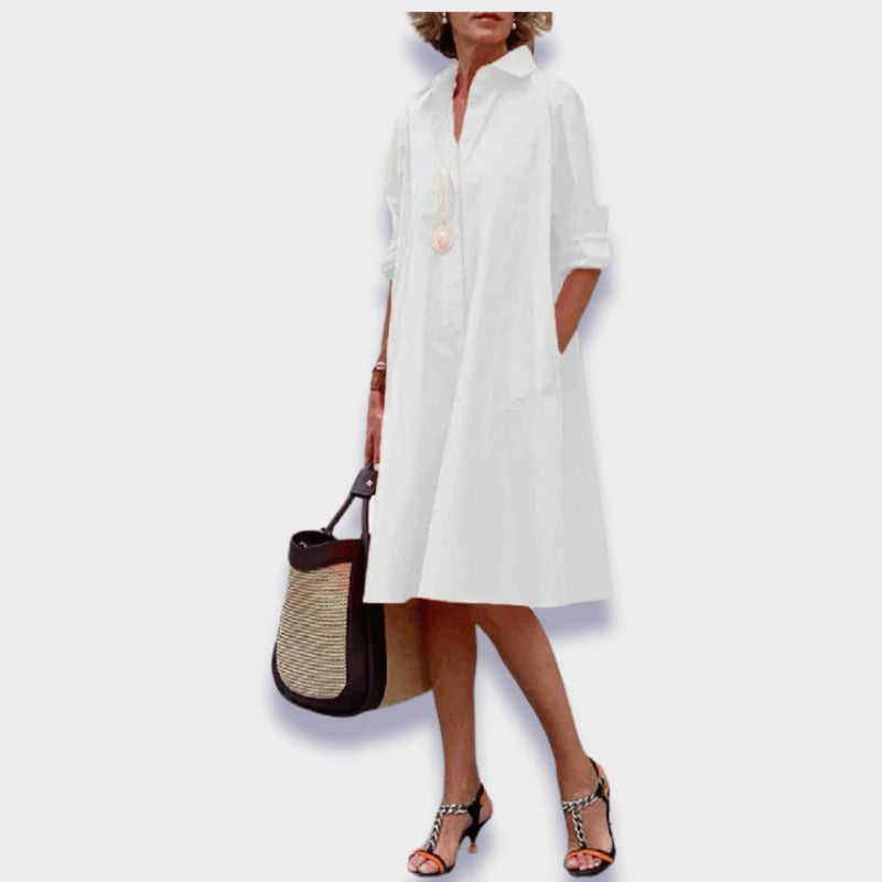 Full-length view of a midi polo dress styled casually for a daytime look