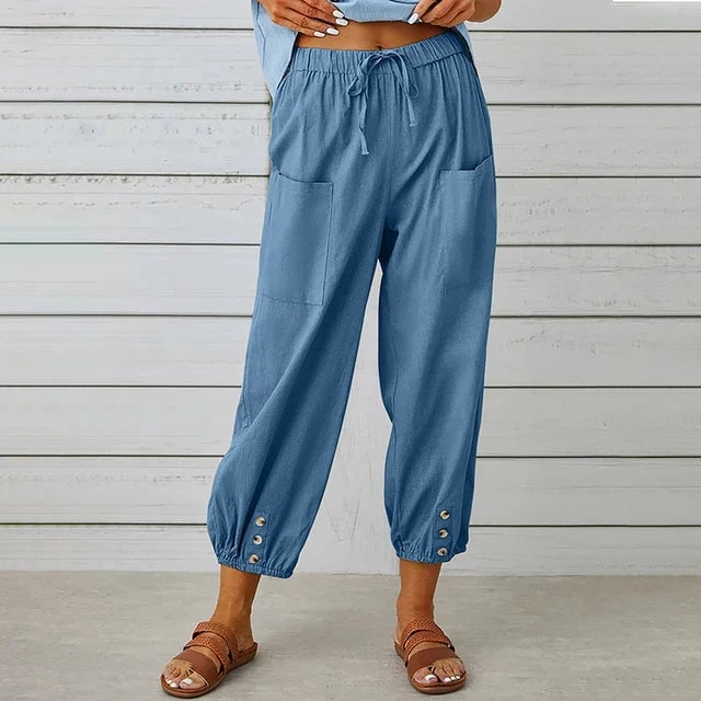 Full-length view of Florimay Lena High Waist Relaxed Pants in a loose straight silhouette on a female model