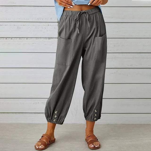 Model wearing Florimay relaxed high waist pants paired with a simple top, showcasing the elongated leg silhouette