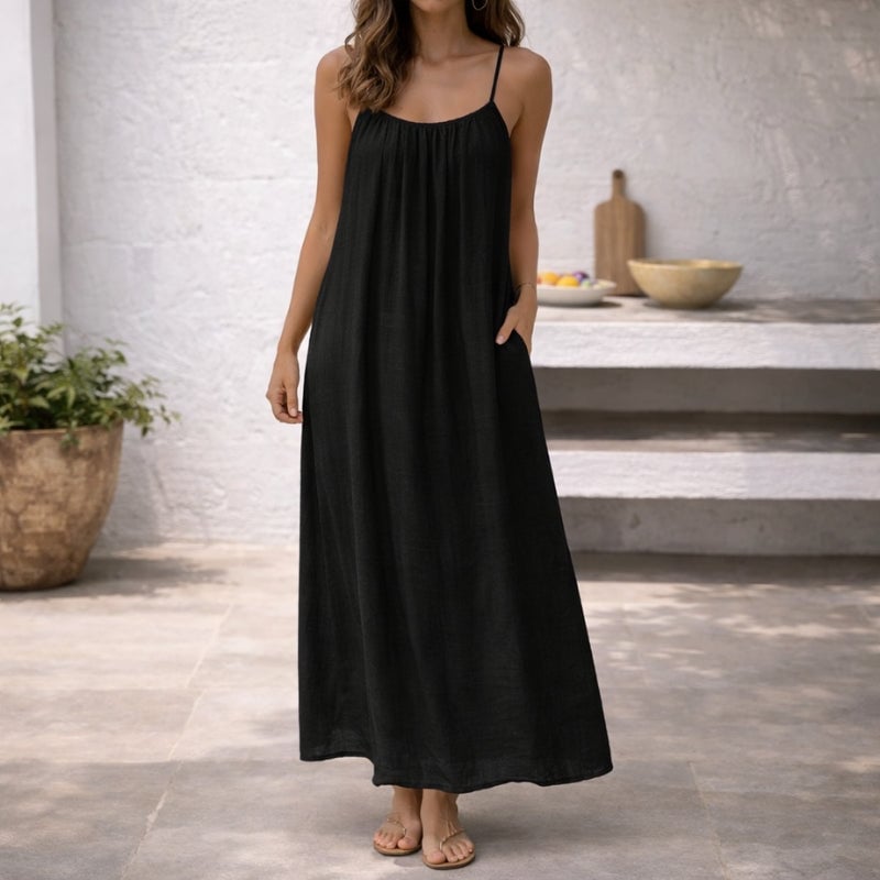 Close-up of the gathered scoop neckline detail on the Lena linen maxi dress in black
