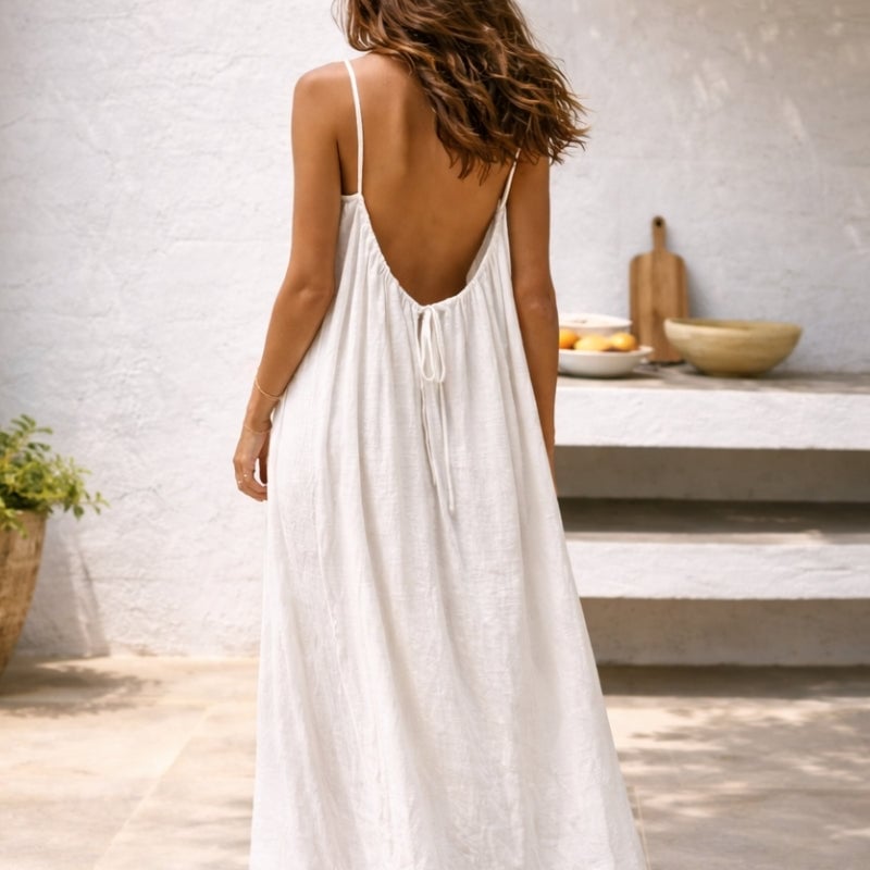 Woman walking in the Lena maxi sundress in white styled with flat sandals