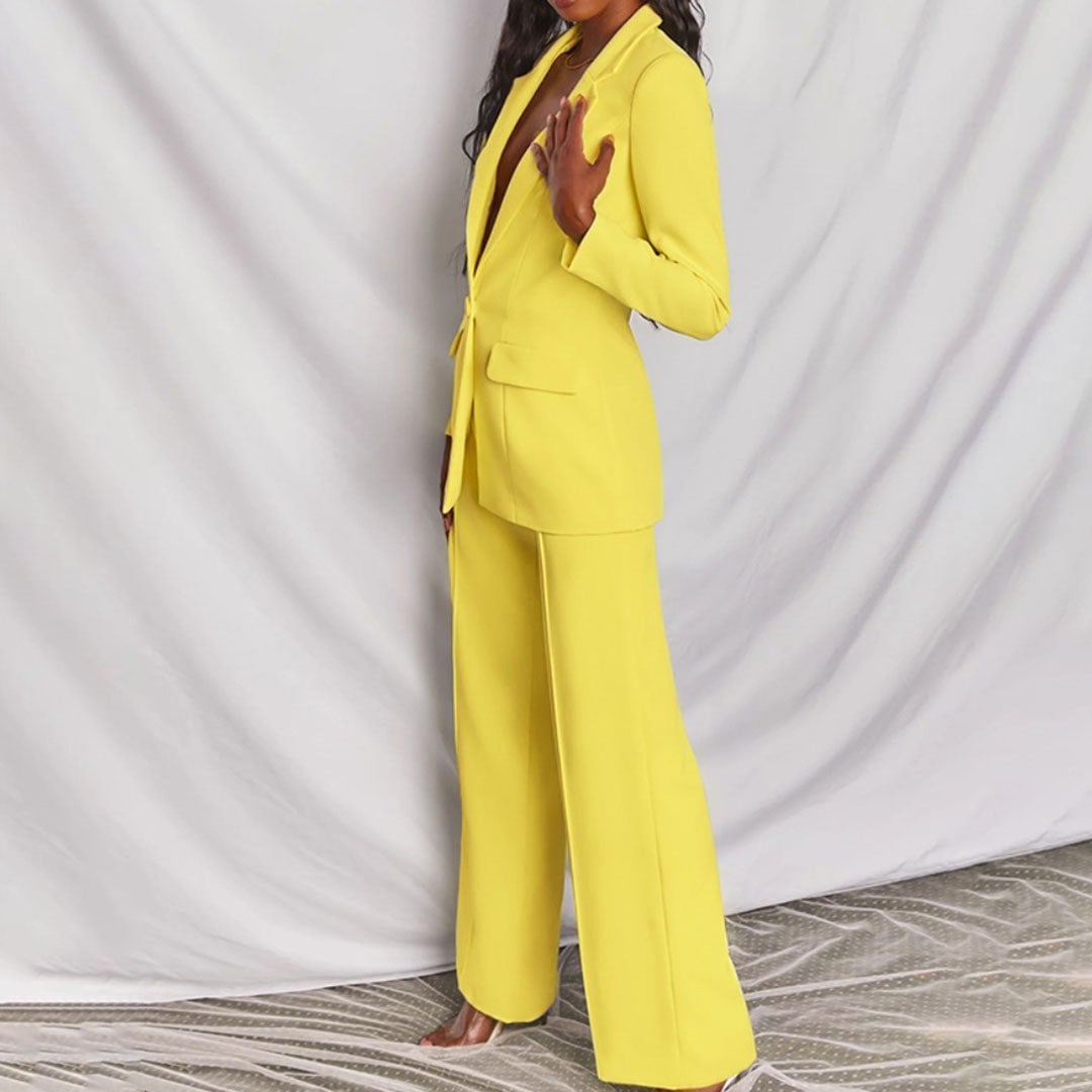 Front view of the Florimay chic blazer and trousers set styled for a smart-casual look