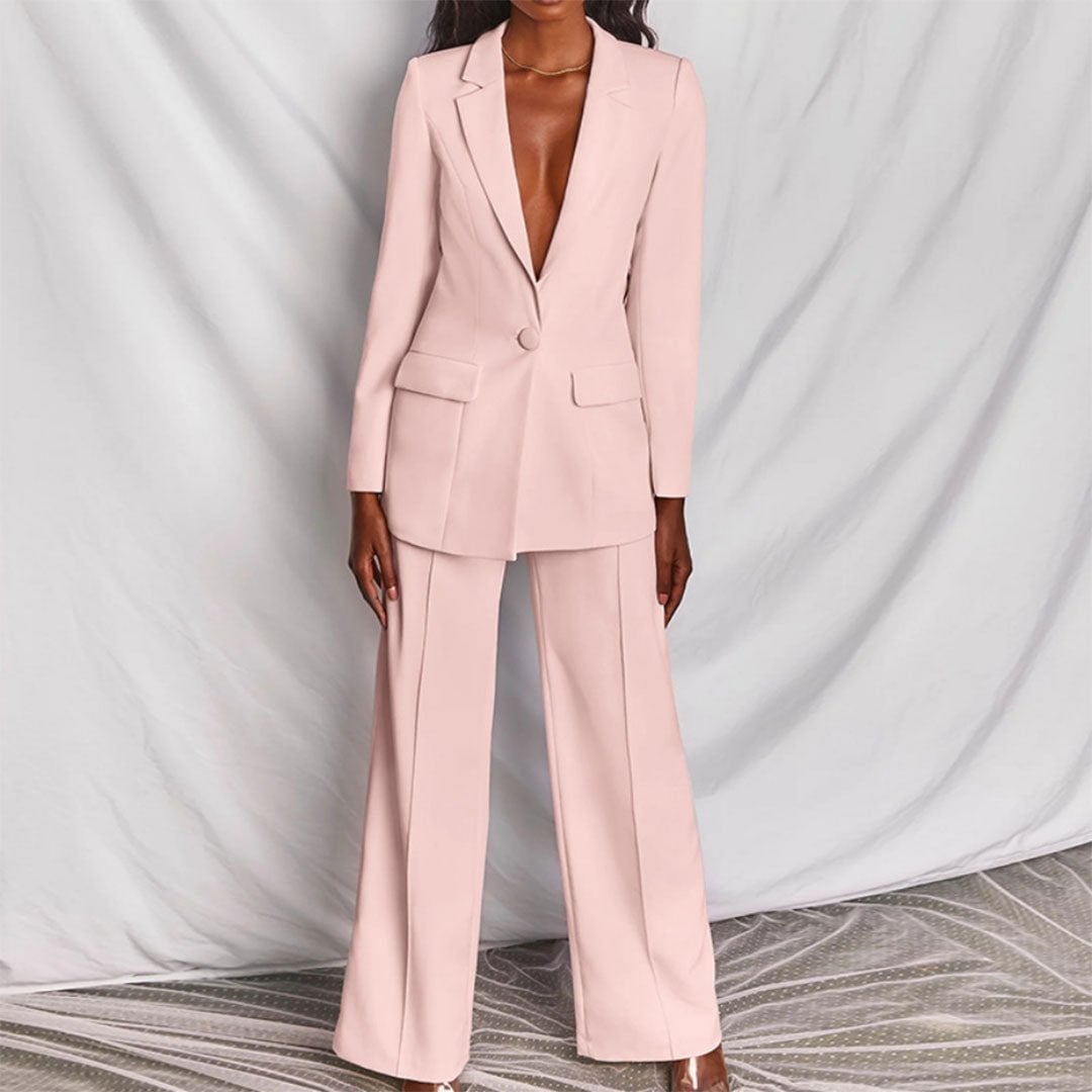 Back view of the tailored two-piece blazer and trousers set from Florimay
