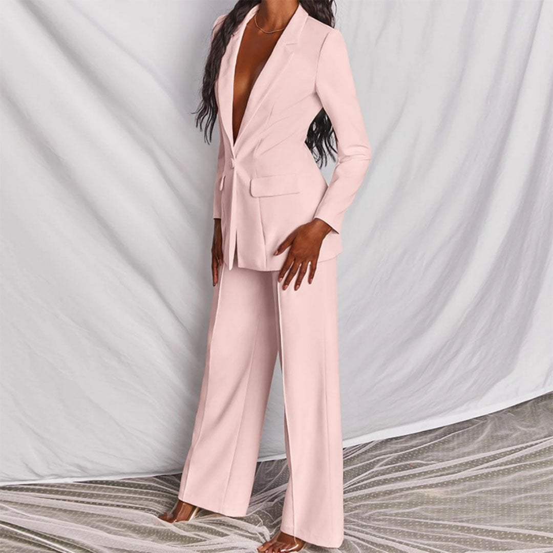 Full-length shot of the black blazer and trousers co-ord set from Florimay
