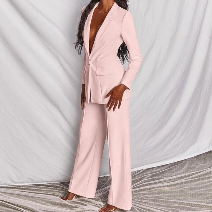 Full-length shot of the black blazer and trousers co-ord set from Florimay
