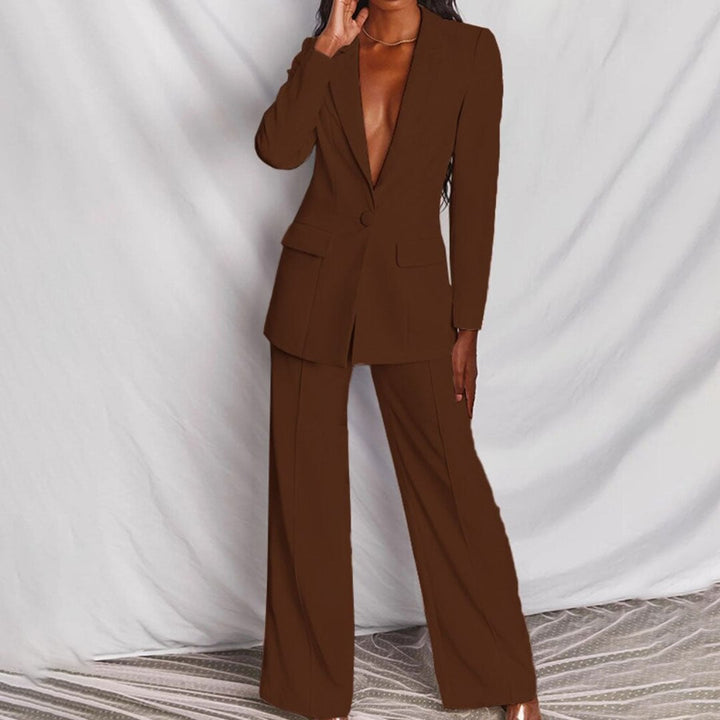 Detail shot of the structured lapel and button closure on the Florimay blazer set