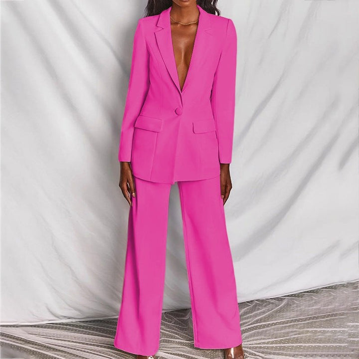 Model transitioning from office to evening in the Florimay chic blazer and trousers set