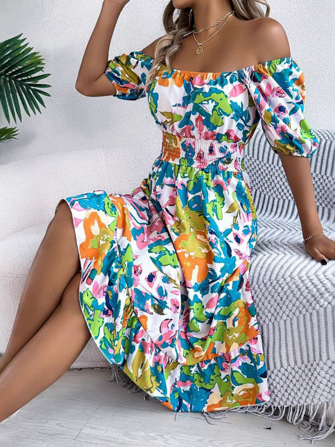 Full-length view of a free-flowing gradient dress in green, perfect for beach days and weekend outings