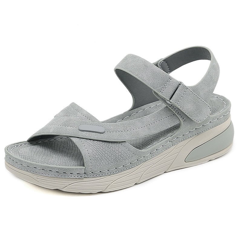 Liberty orthopedic adjustable sandals in gray, sole view showing textured outsole