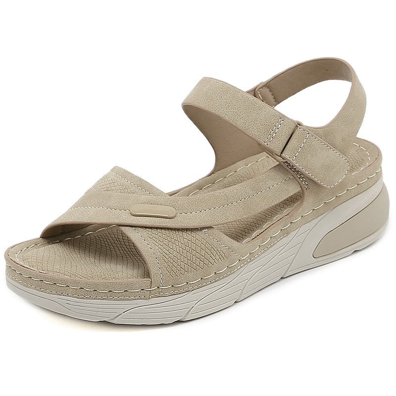 Liberty orthopedic adjustable sandals in blue, side profile showing arch support footbed