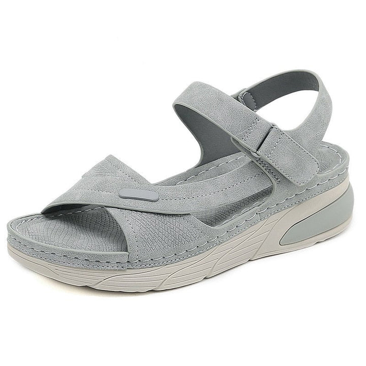 Liberty orthopedic adjustable sandals in apricot on a white background, front view