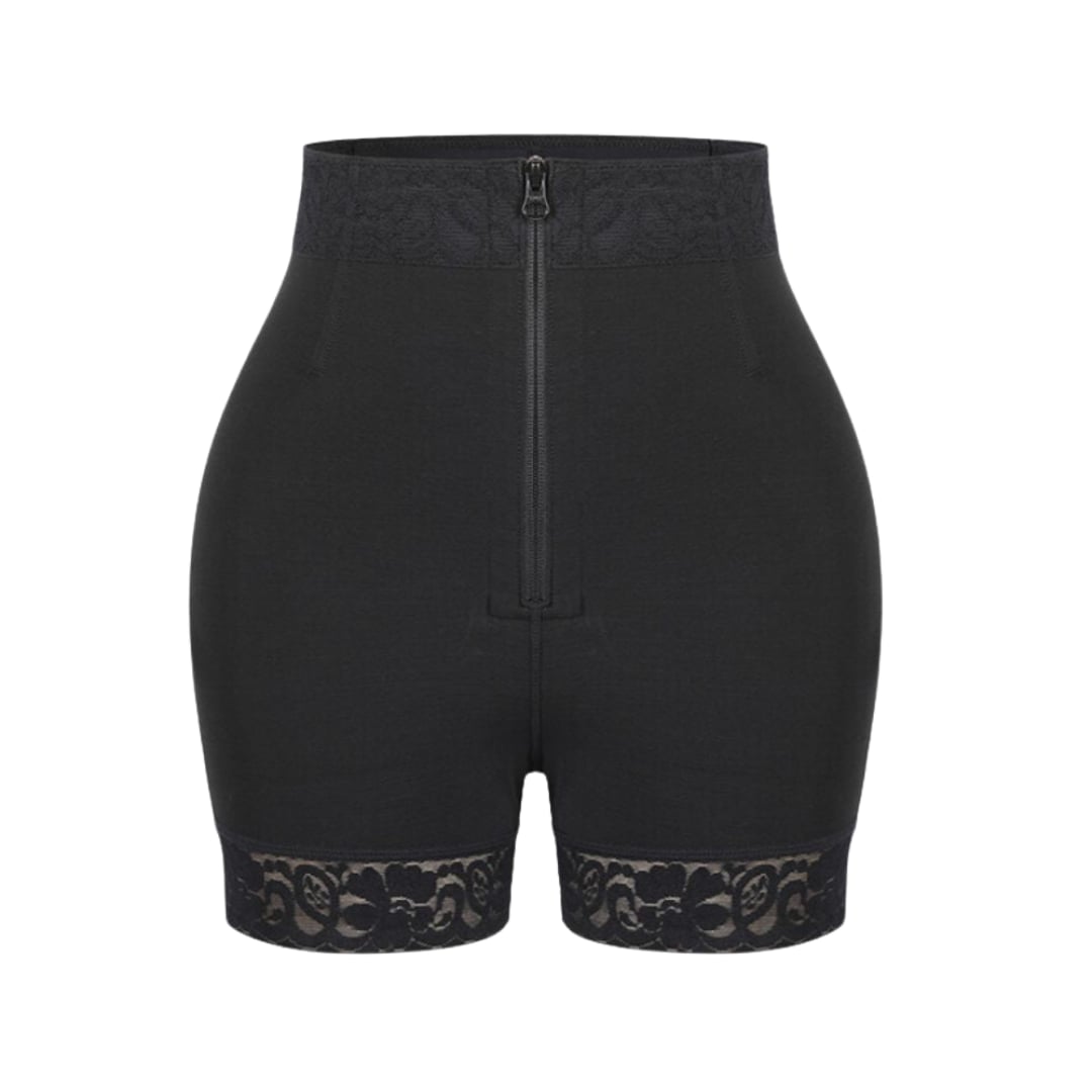 Front view of black butt lifter and tummy control shapewear shorts on a model