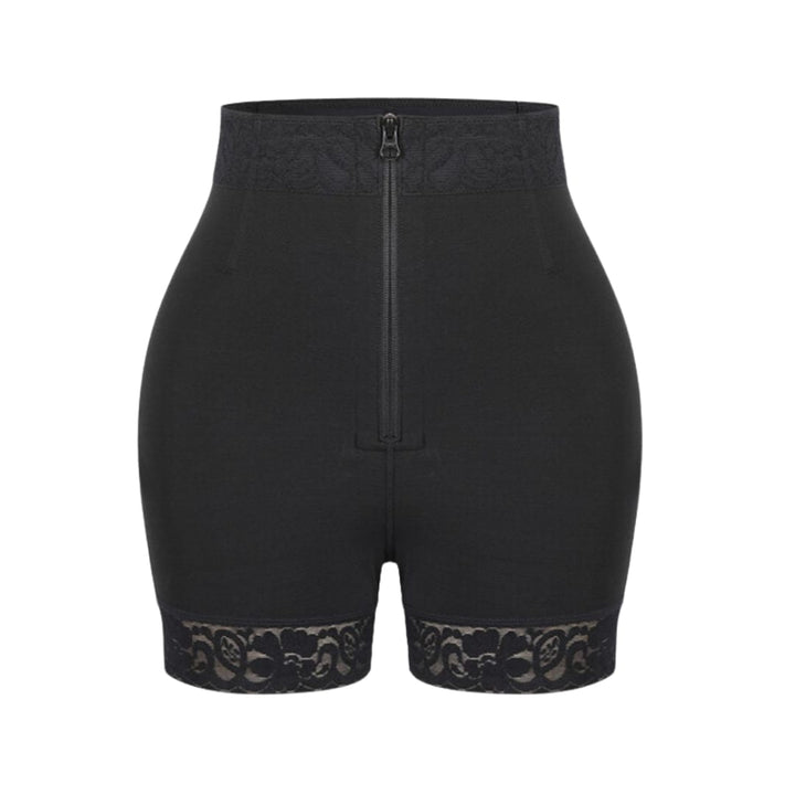 Front view of black butt lifter and tummy control shapewear shorts on a model