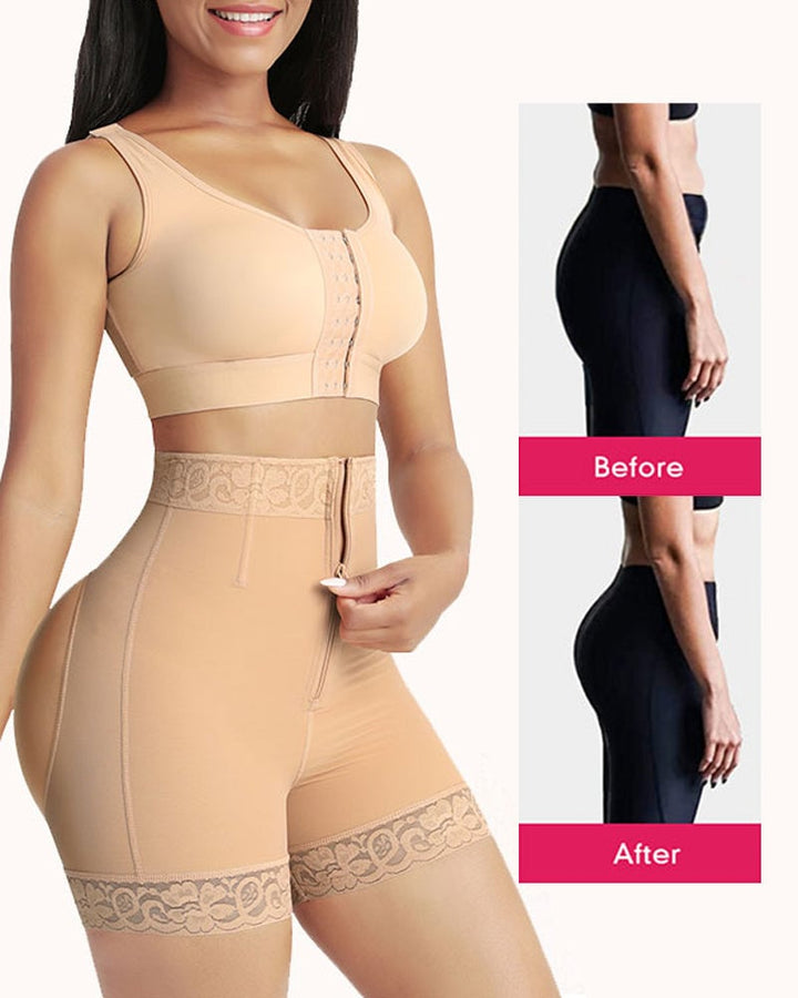 Close-up of seamless waistband on black tummy control shapewear shorts
