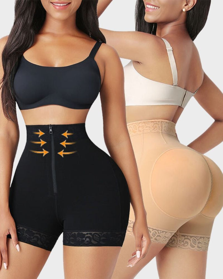 Model wearing nude shapewear shorts showing full silhouette from waist to mid-thigh