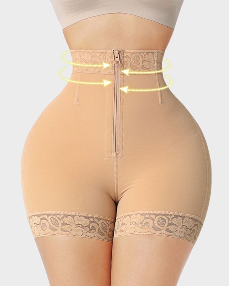 Flat lay of black and nude butt lifter shapewear shorts side by side
