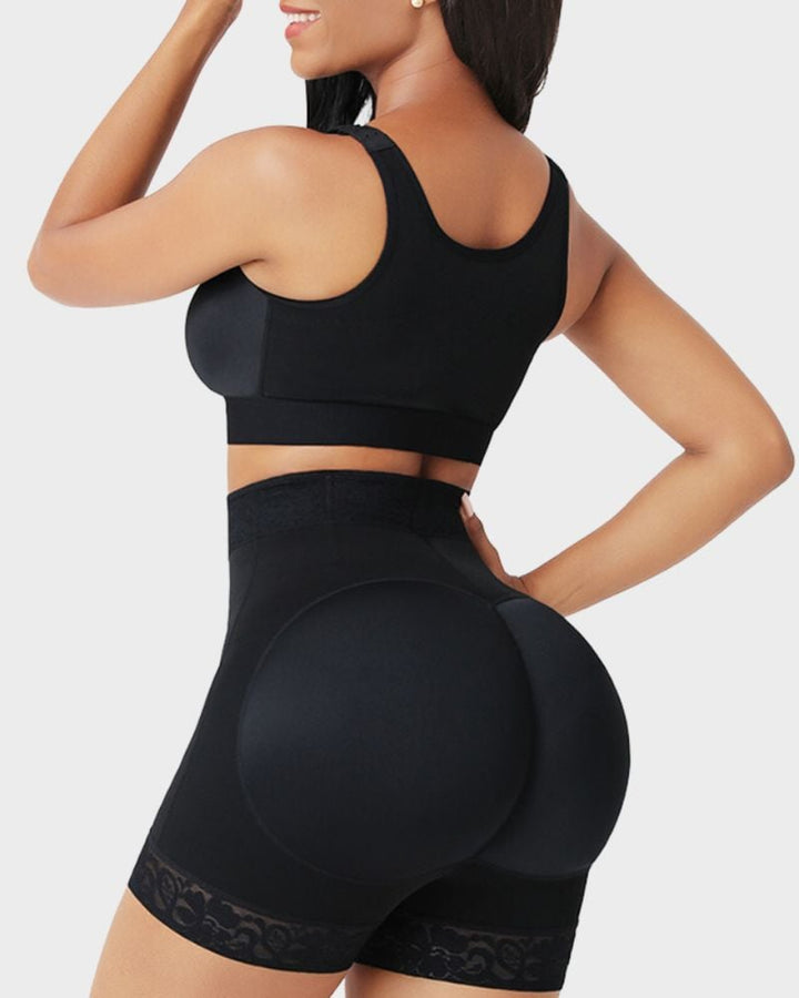 Close-up of seamless leg opening on nude tummy control shapewear shorts