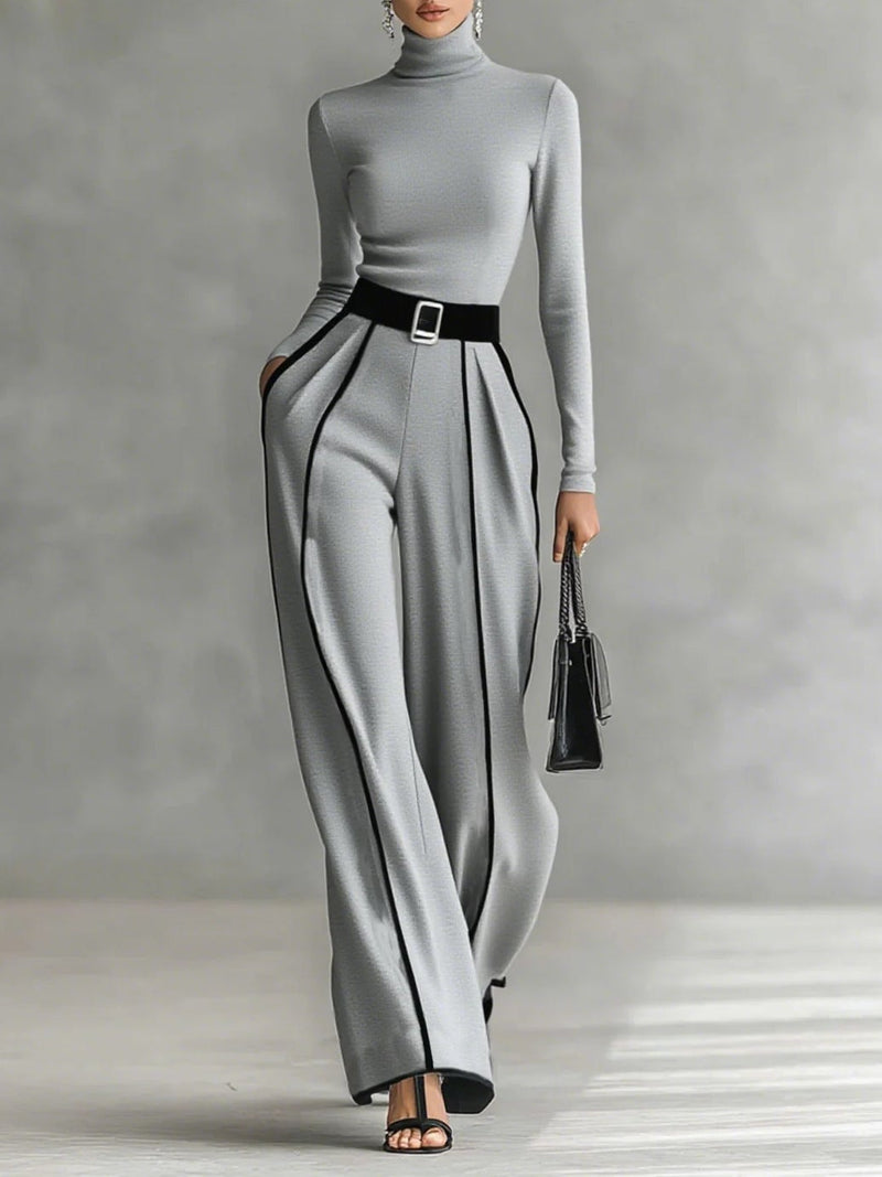 Front view of gray two-piece set featuring contrast trim high-neck top and flowing wide-leg pants