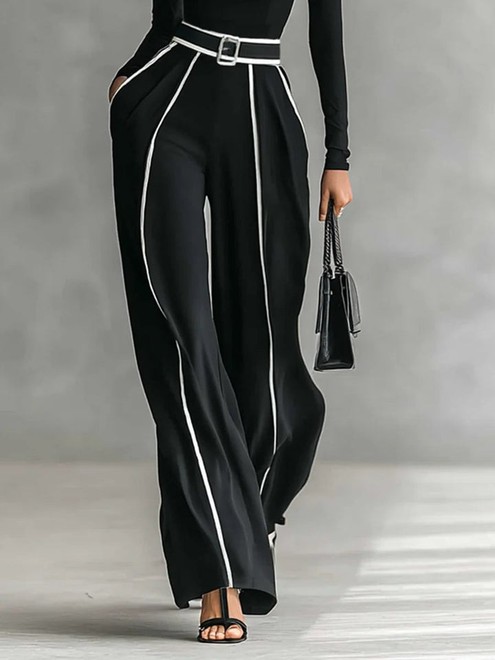 Black version of high-neck long-sleeve top and wide-leg pants two-piece set with belt