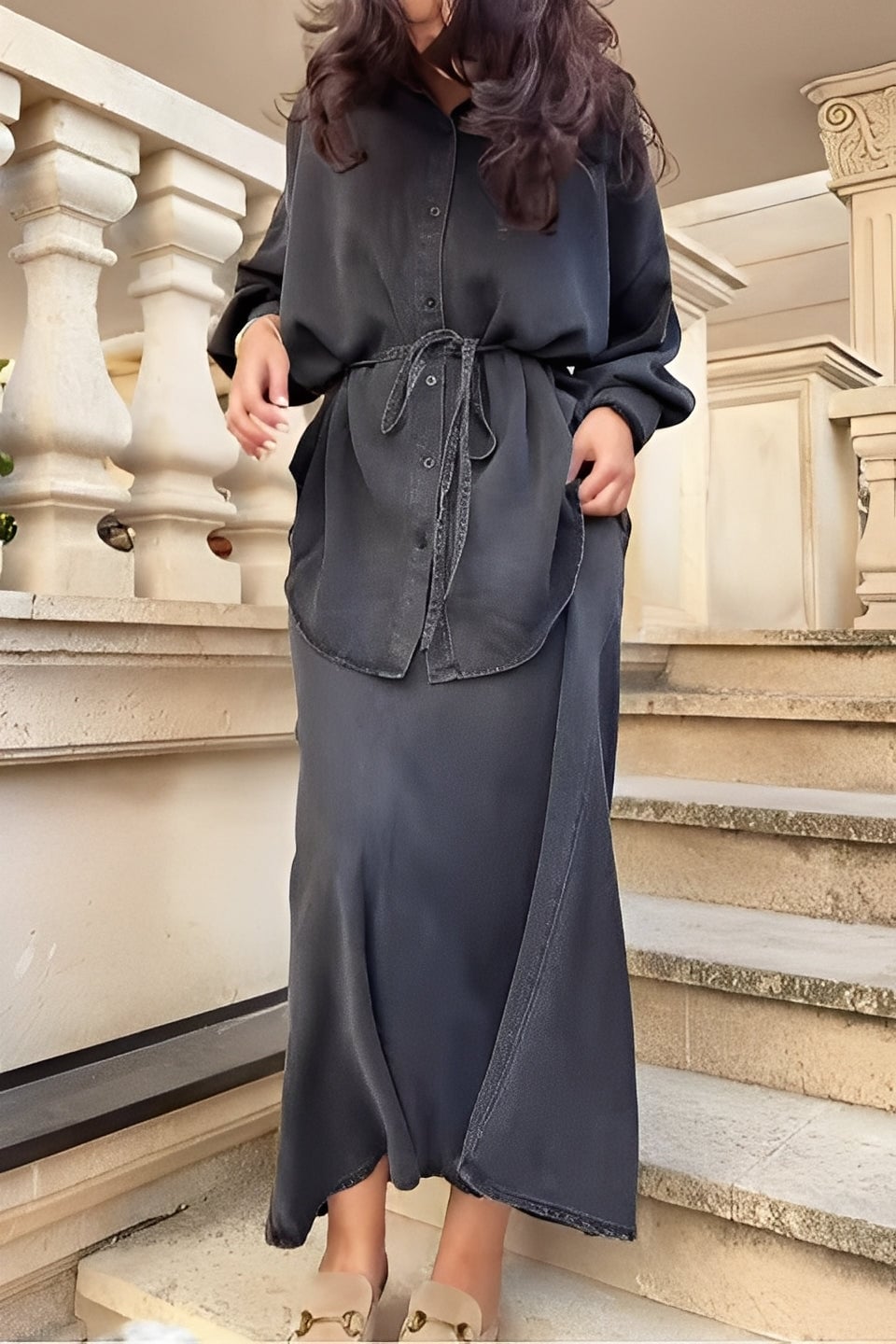 Model wearing the two-piece set styled casually for an everyday look