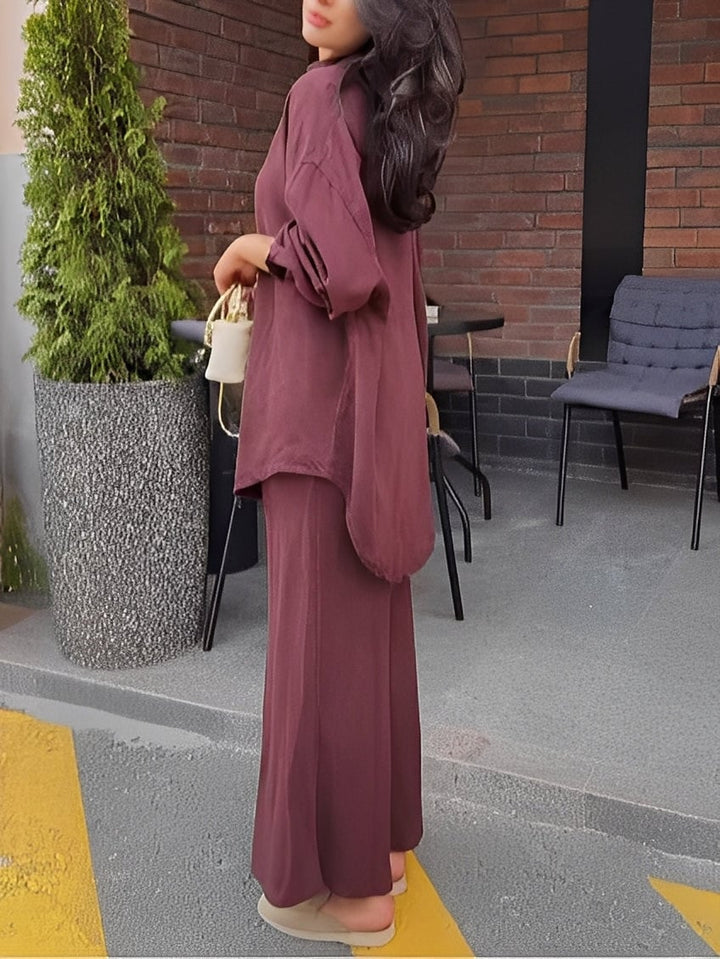 Back view of the long-sleeve tie-drawstring shirt and skirt set