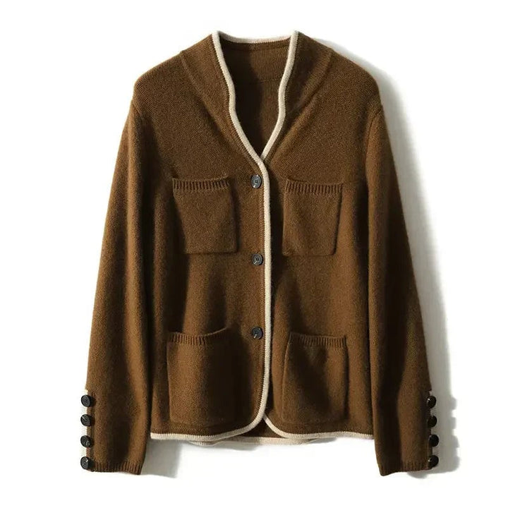 Detail shot of the Londyn vintage cardigan button closure and soft knit texture in brown