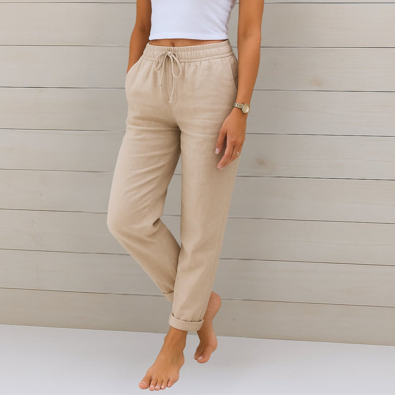 Close-up of elastic waistband detail on lightweight breathable pants