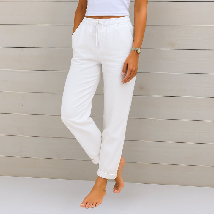 Model styled in breathable elastic waist pants for an everyday casual look