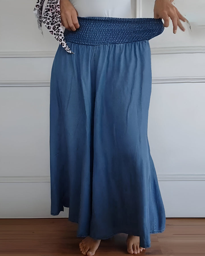 Close-up of Lorraine pants elastic waistband detail showing stretch and soft fabric