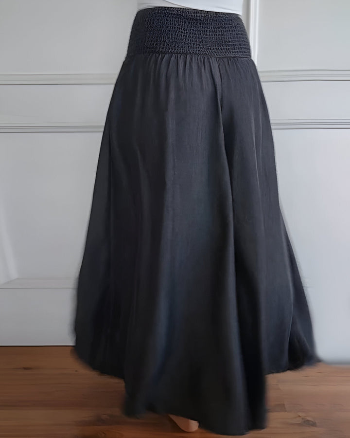 Lorraine comfortable pants in blue and gray color options displayed side by side