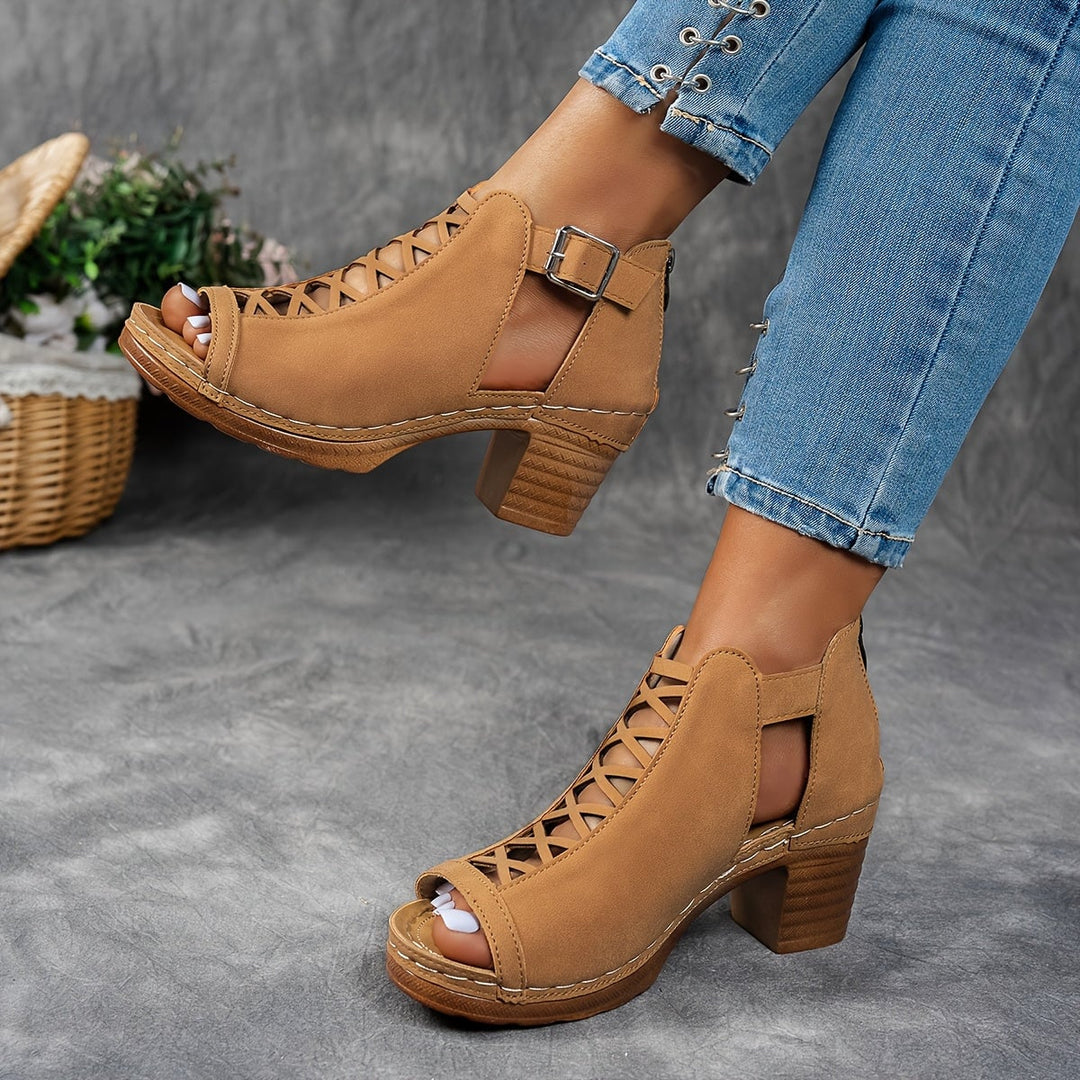 Lotus women's cushioned adjustable sandal in light brown, side profile showing strap and heel detail