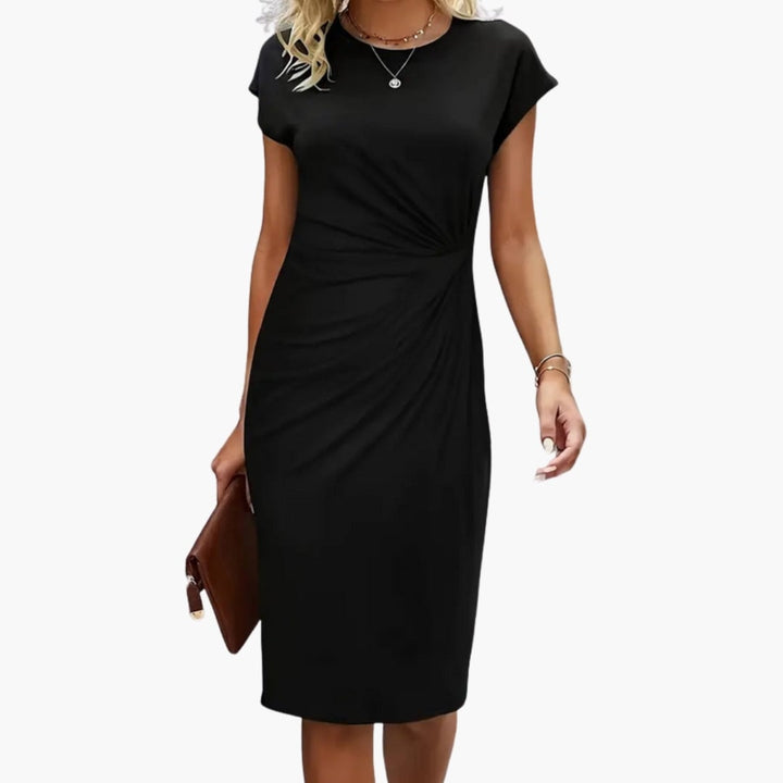 Lucille women's round neck short sleeve midi dress in black with fitted waist and below-knee length