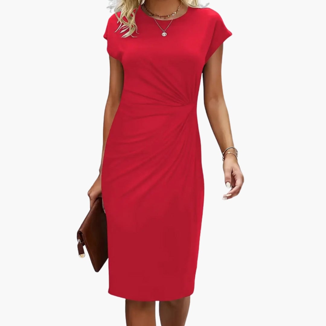 Front view of Lucille midi dress showing clean round neckline and short sleeves