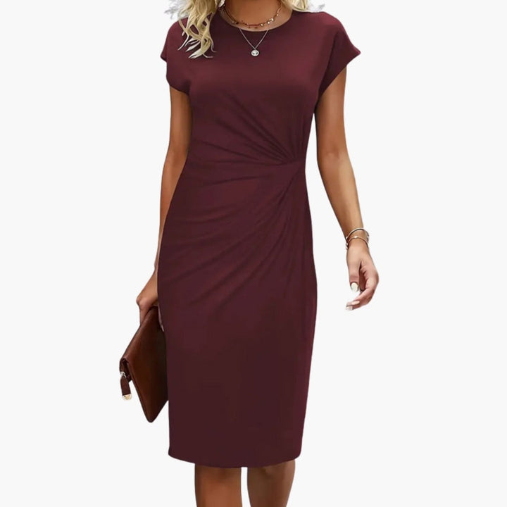 Lucille midi dress in multiple color options including beige, dark green, and purple