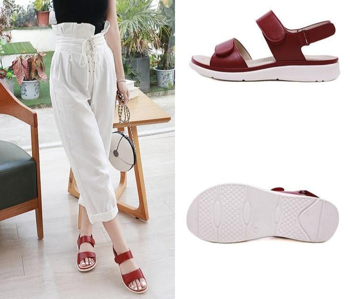 Lucinda women's orthopedic sandal in red shown from above on a neutral surface