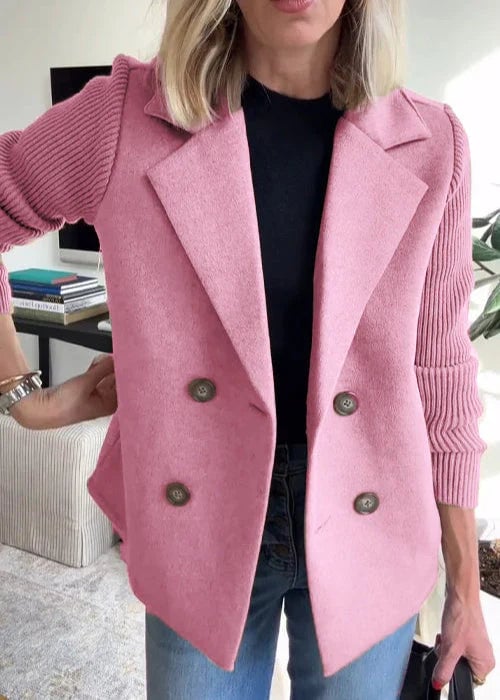 Woman wearing the Lumière Elegant Tailored Coat in a flattering mid-length silhouette with button accents, styled for a polished look